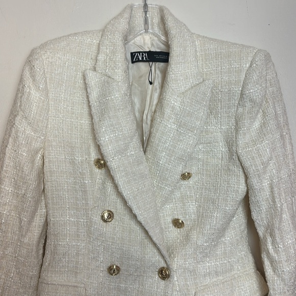 Zara Double Breasted Embossed Tweed Tailored Fit Ecru White Blazer Jacket - Picture 10 of 16